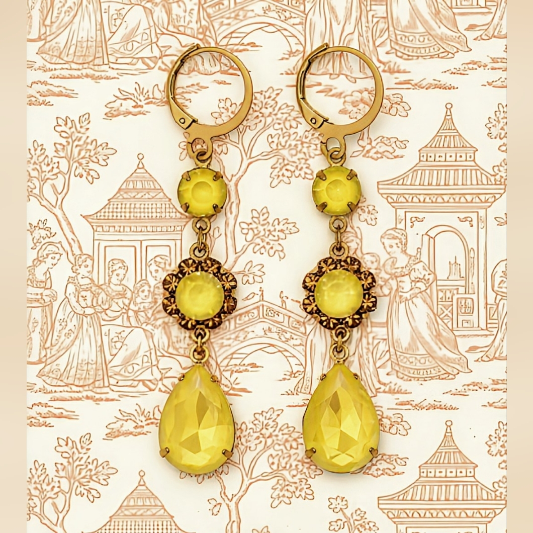 Victorian Sunshine Yellow Swarovski & Flowe Crystals In Three Tiered Gp Earrings